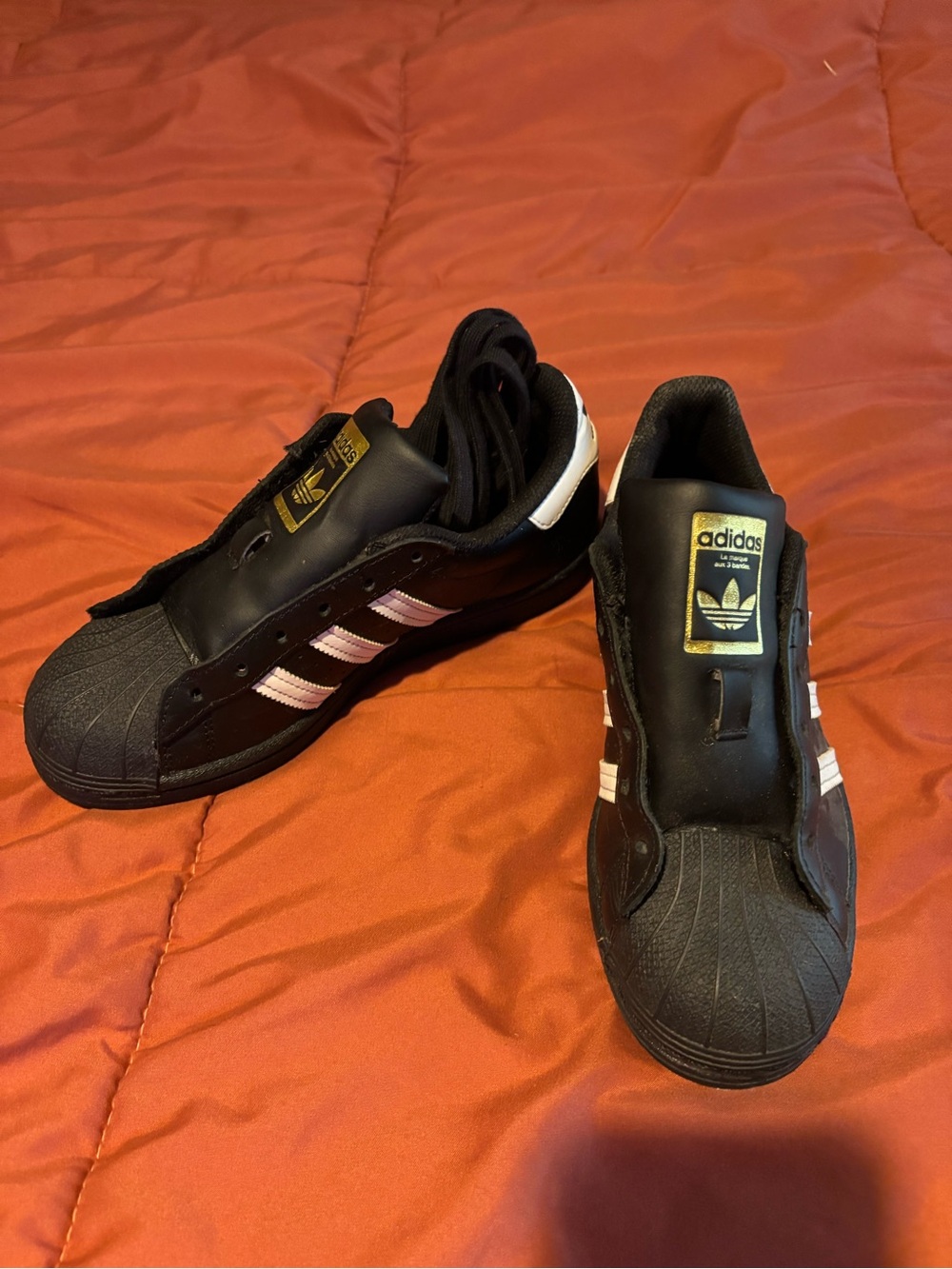 adidas Black Sneakers with White Stripes and Gold Logo Patch